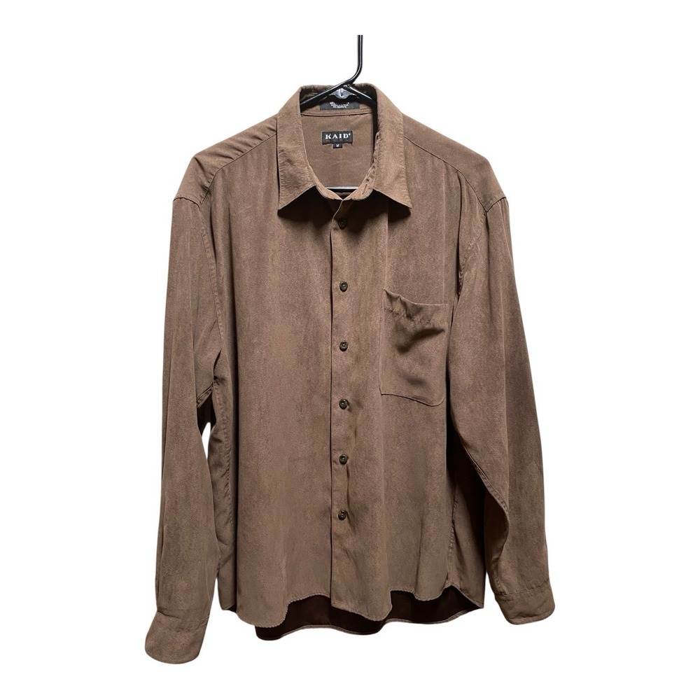 KAID's Brown Suede Button-up Men's Shirt, Collar, Pocket & Long Flip Sleeve Sz L